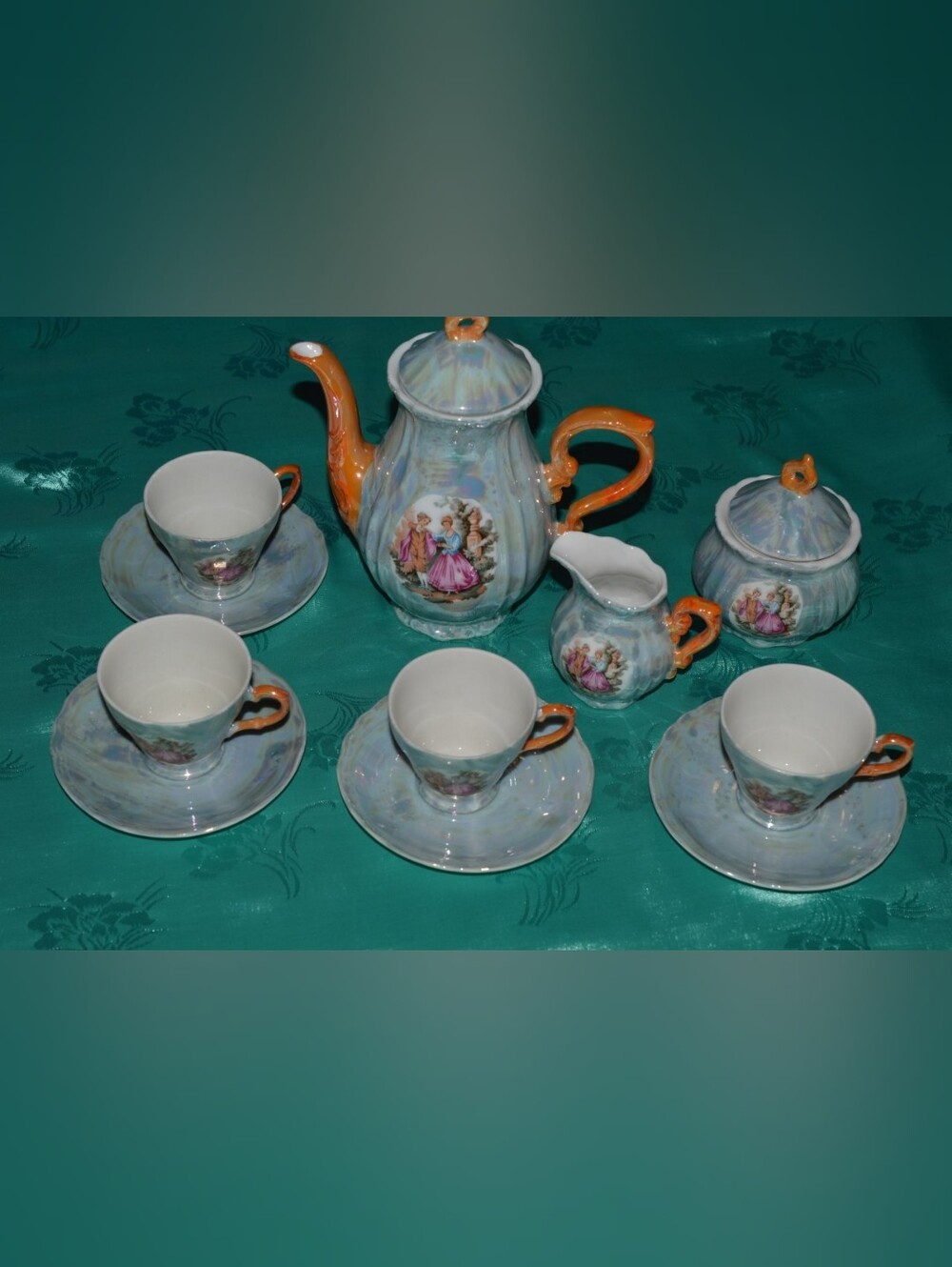 Vintage Japanese Iridescent Lusterware Porcelain Coffee Set Courting Couple